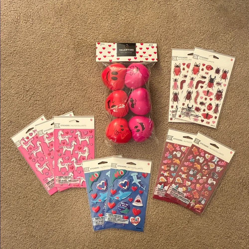 Valentine's Day Party Supplies - 264 Stickers & 6 Squishy Stress Hearts